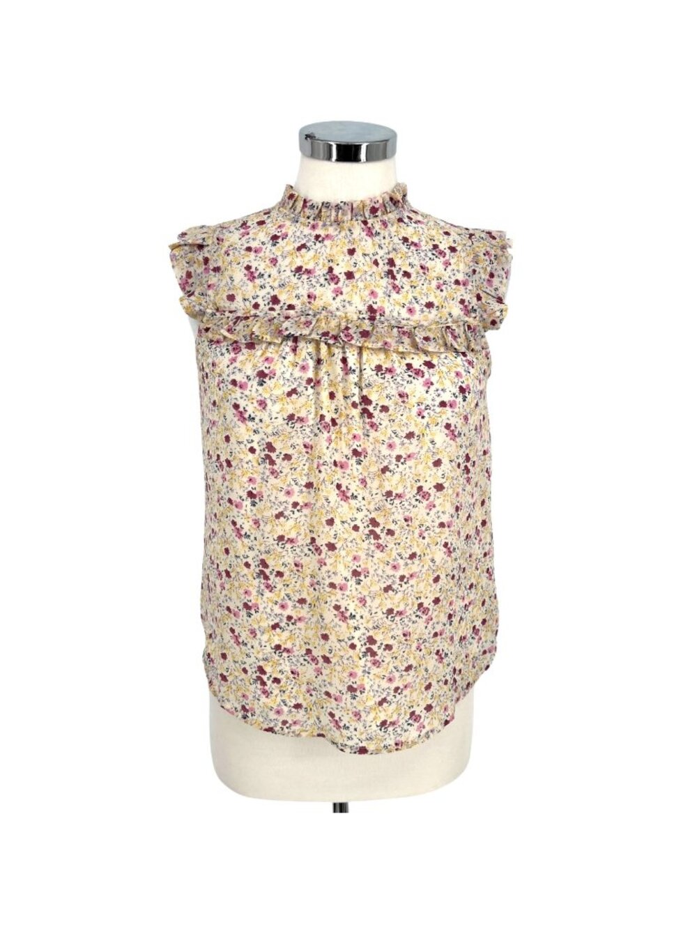 Monteau Floral Ruffle Sleeveless High Neck Blouse Size Small Ivory Yellow Pink